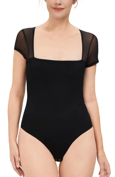Kimi & Kai Square Neck Sheer Sleeve Bodysuit Top In Black