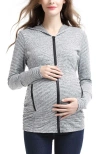 Kimi & Kai Haven Striped Side Ruched Maternity Performance Hoodie In Black White