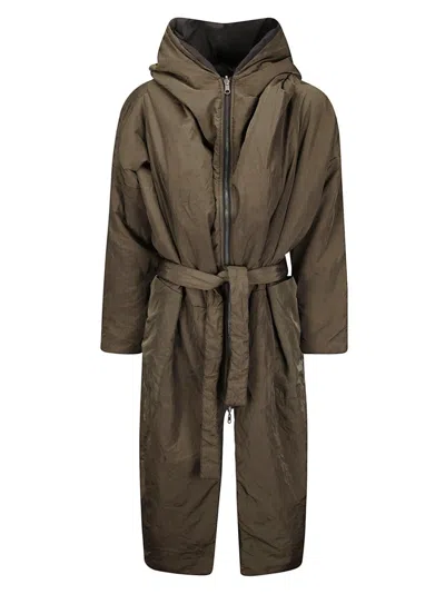 Kimono Rain Long Padded Jacket With Front Zip And Removable Belt In Gray