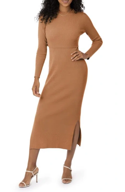 Kindred Bravely Long Sleeve Nursing/maternity Rib Two-piece Sweater Dress In Brown Camel