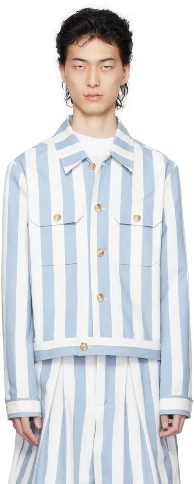 King & Tuckfield Blue & White Collared Bomber Jacket In Powder Blue/ecru Str