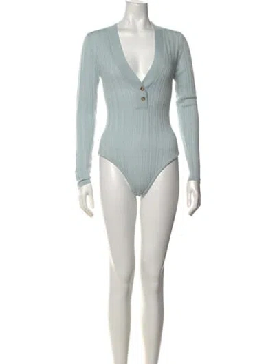 Pre-owned King & Tuckfield Merino Wool Plunge Neckline Bodysuit In Blue