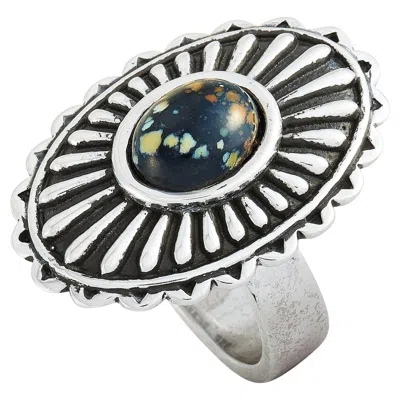 Pre-owned King Baby Large Starburst Concho Silver And Spotted Turquoise Ring In Multi