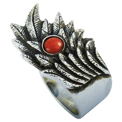 Pre-owned King Baby Raven Wing Sterling Silver And Coral Cabochon Ring In Red