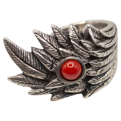 Pre-owned King Baby Sterling Silver Feather Ring With Coral In Red