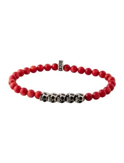 Pre-owned King Baby Studio Dyed Coral Skull Bridge Bead Bracelet, 7.5" In Red
