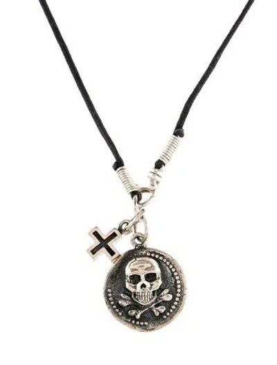 Pre-owned King Baby Studio Large Skull Coin & Ancient Cross Pendant Necklce, 21" In Black