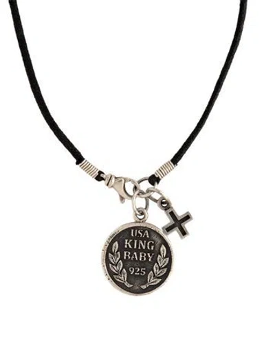 Pre-owned King Baby Studio Large Skull Coin W/ Ancient Cross On Braided Cord, 22" In Black