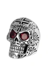 King Baby Studio Large Skull Ring With Chosen Cross Detail And Garnet Eyes In Metallic