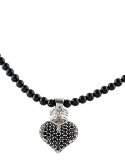 Pre-owned King Baby Studio Onyx & Cubic Zirconia Crowned Heart Bead Pendant Necklace, 18" In Multi