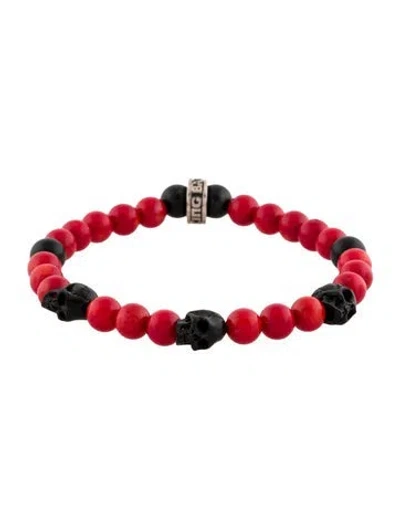 Pre-owned King Baby Studio Onyx Coral & Wood Skull Bead Bracelet, 8" In Multi