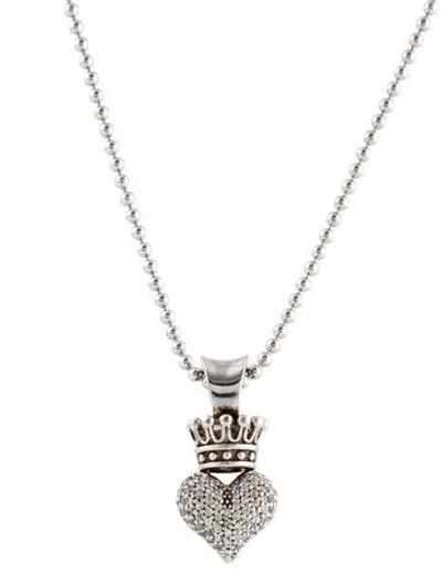Pre-owned King Baby Studio Queen Baby Cubic Zirconia Large 3d Pave Crowned Heart Pendant, 18" In White