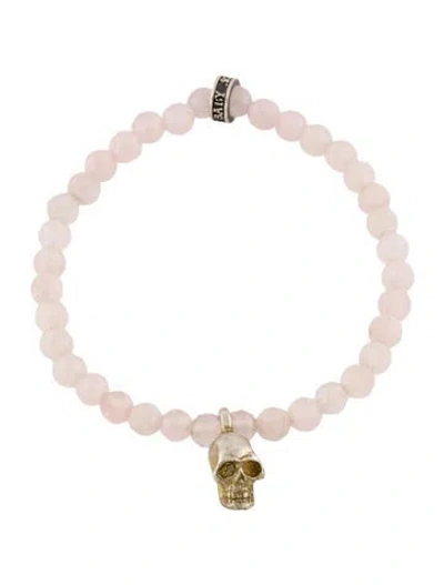 Pre-owned King Baby Studio Rose Quartz Skull Bead Bracelet, 7.75" In Multi