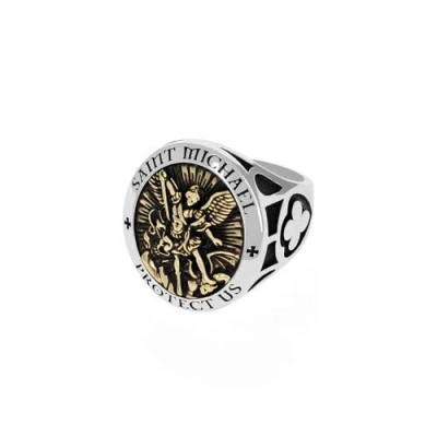 KING BABY STUDIO KING BABY STUDIO SAINT MICHAEL RING WITH GOLD TONE ALLOY