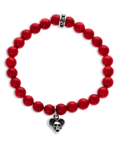 King Baby Studio Sterling Silver High Roller Club Red Coral Bead Micro Skull Heart Card Suit Charm Bracelet In Multi
