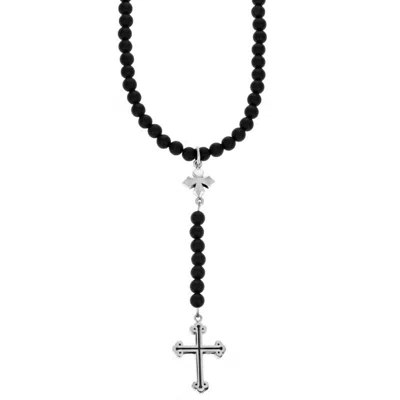 King Baby Studio Women's Beaded Rosary With Mb And Traditional Cross Necklace In Black In Gray