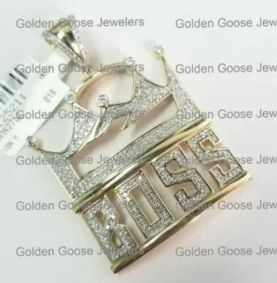 Pre-owned King Crown Boss Mens 10k Yellow Gold  Diamond Pendant 2" Charm 1 Ct 5 Point