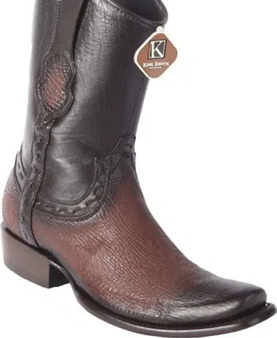 Pre-owned King Exotic Brown Shark Western Boot Side Zipper Mid Calf Ee+