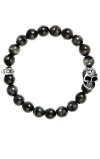 King Baby Studio 10mm Blue Tiger Eye Bracelet With Day Of The Dead Skull In Silver