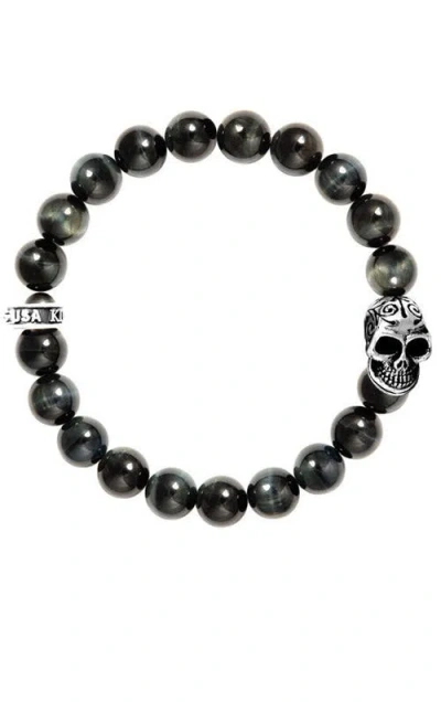 King Baby Studio 10mm Blue Tiger Eye Bracelet With Day Of The Dead Skull In Silver
