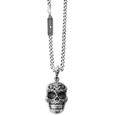 King Baby Studio Carved Baroque Skull Pendant On Curb Link Chain In Silver