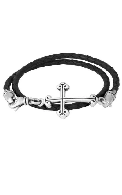King Baby Studio Thin Braided Leather Traditional Cross Double Wrapped Bracelet In Black