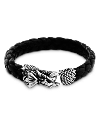 King Baby Studio Men's Sterling Silver Dragon Head Clasp Woven Leather Bracelet In Black/silver