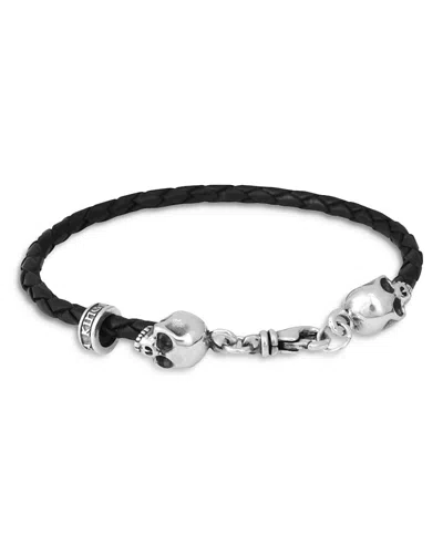 King Baby Studio Thin Braided Leather Skull Bracelet In Black/silver