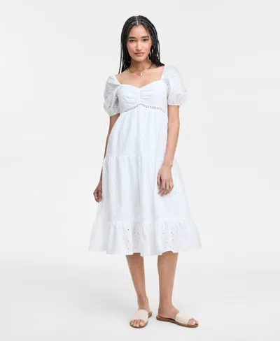 Kingston Grey Juniors' Eyelet Puff-sleeve Tiered Midi Dress In White