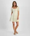 Kingston Grey Juniors' Floral-print Cotton Puff-sleeve Mini Dress In White,yellow Ditsy