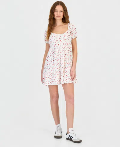 Kingston Grey Juniors' Floral Print Eyelet Puff-sleeve Mini Dress In White