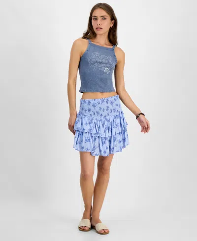 Kingston Grey Juniors' Printed Smocked-waist Tiered Skort In Blue Floral