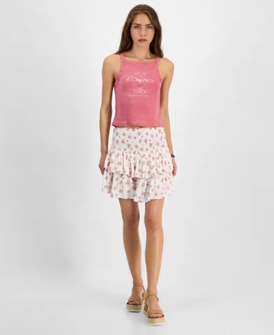 Kingston Grey Juniors' Printed Smocked-waist Tiered Skort In Cream Floral
