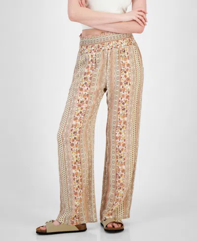 Kingston Grey Juniors' Printed Smocked-waist Wide-leg Pants In Cream,multi