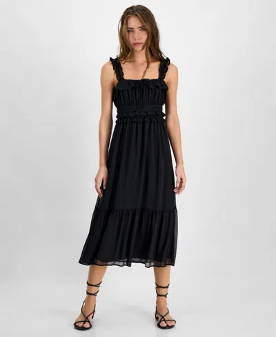Kingston Grey Juniors' Ruffled Square-neck Sleeveless Midi Dress In Black