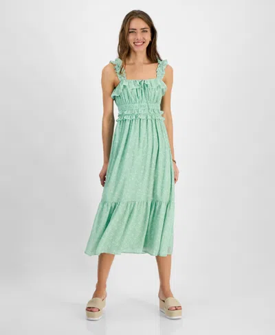 Kingston Grey Juniors' Ruffled Square-neck Sleeveless Midi Dress In Sage,white Ditsy