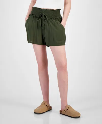 Kingston Grey Juniors' Smock-waist Drawstring Shorts In Olive