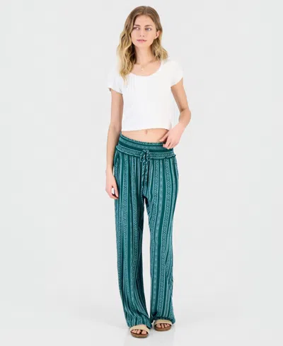 Kingston Grey Juniors' Smocked-waist Printed Wide-leg Pants In Green