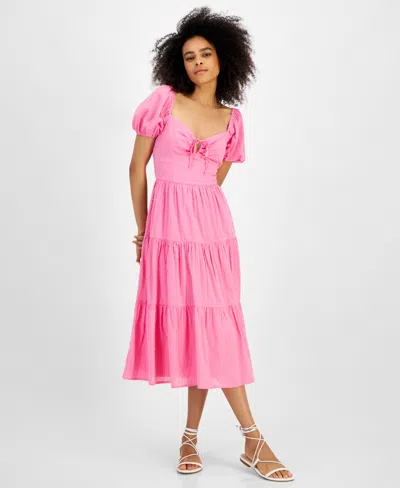 Kingston Grey Juniors' Textured Puff-sleeve Tiered Midi Dress In Pink