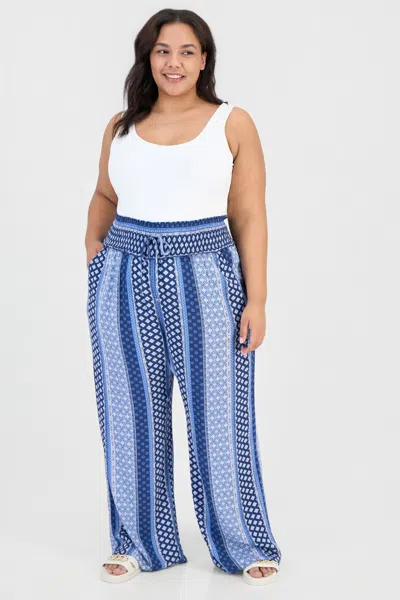 Kingston Grey Trendy Plus Printed Smocked-waist Wide-leg Pants In Blue
