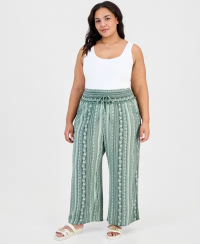 Kingston Grey Trendy Plus Printed Smocked-waist Wide-leg Pants In Green