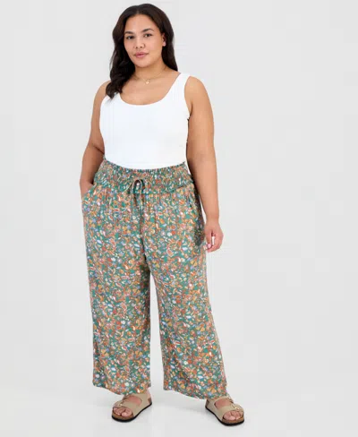 Kingston Grey Trendy Plus Printed Smocked-waist Wide-leg Pants In Green