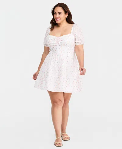 Kingston Grey Trendy Plus Size Cotton Clip-dot Puff-sleeve Dress In Neutral