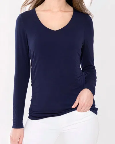 Kinross Bamboo Ruched Long Sleeve Vee Top In Navy In Blue