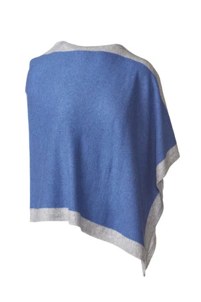 Kinross Cashmere Contrast Border Poncho In Blue