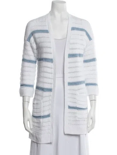Pre-owned Kinross Cashmere Striped Open Front Sweater In White