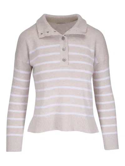 Kinross Cashmere Striped Polo Top In Neutral