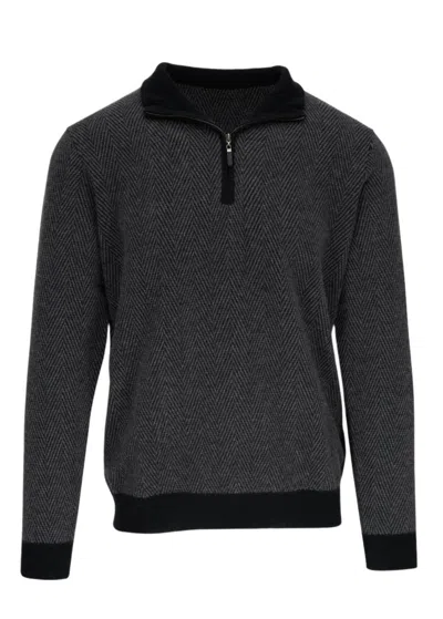 Kinross Men's Herringbone Quarter Zip Sweater In Black/flannel In Gray