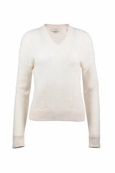 Kinross Poitelle Detail Rib V-neck In Ivory In White