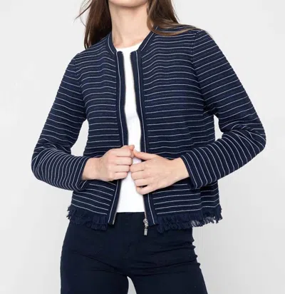 Kinross Textured Fringe Cardigan In Navy With White Stripe In Blue